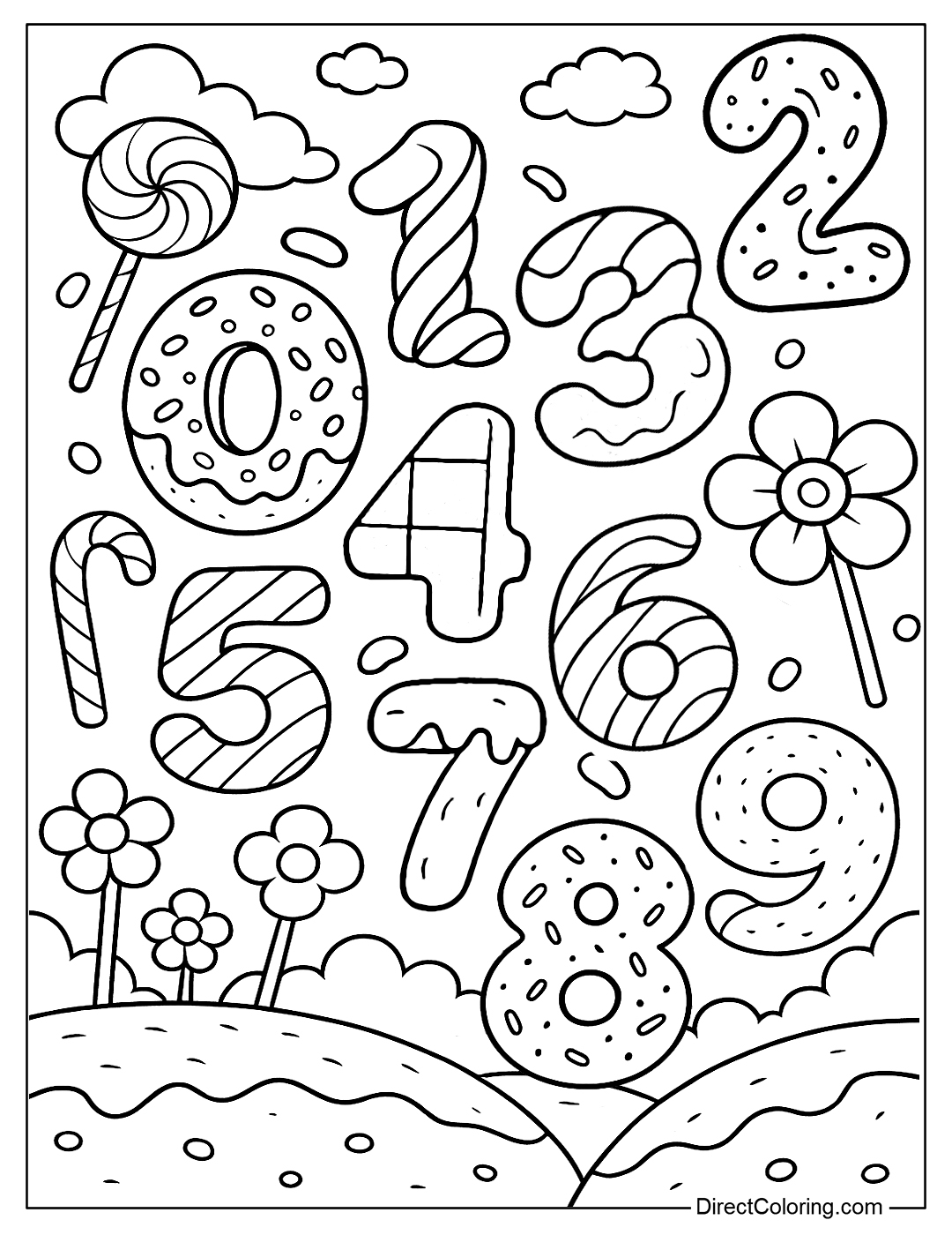 Coloring page of numbers from 0 to 9 made from lollipops, marshmallows, donuts and chocolate, creating a colorful sweet world